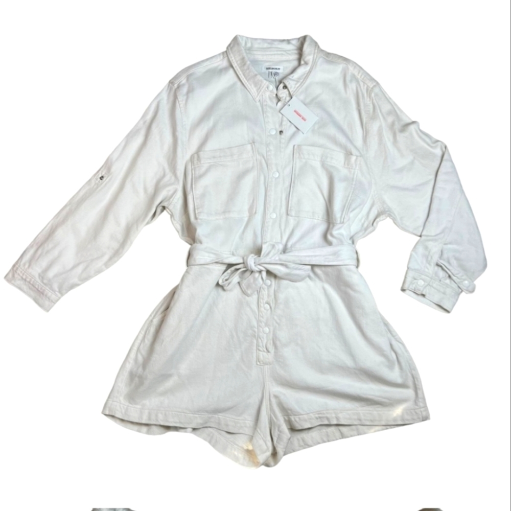 NEW Good American 100 % Cotton White Jean Jumpsuit Romper Long Sleeve Size 6